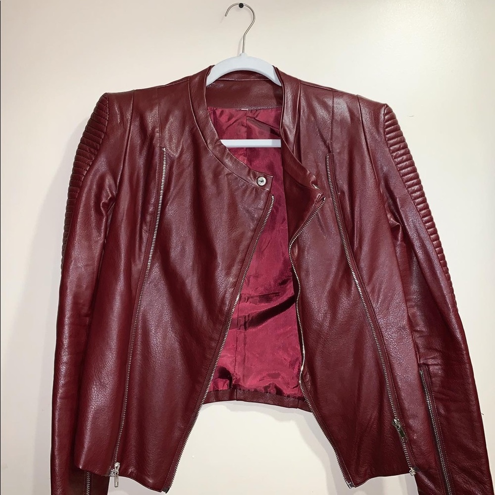Burgundy faux leather biker jacket